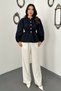 Women's Navy Blue Crew Neck Buttoned Balloon Sleeve Elastic Waist Cotton Peplum Blouse - 3