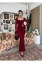 Women's Burgundy Lace Midi Dress with Heart Collar and Rose Detail Long Sleeves - 4