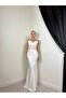 Women's White Long Fish Cut Lace Detailed Strappy Draped Evening Dress - 2
