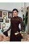 Women's Coffee Lace Midi Dress High Neck Long Sleeve Evening Dress with Flounce Cuffs - 5