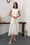 Women's Ecru Asymmetrical Cut Lined Midi Dress Sleeveless with Shiny Skirt Detail - 2