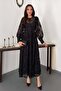 Women's Black Lace Embroidered Round Neck Balloon Sleeve Lined Maxi Dress - 2