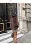 Women's Brown - Brown Short Faux Fur Coat Wide Fur Collar Long Sleeve Outerwear