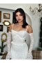 Women's White Lace Strap Heart Neckline Waist Ruffle Fitted Midi Dress