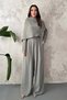 Women's Khaki Top and Bottom Set with Cape Detail, Long Sleeve Blouse, Wide Leg Pants, Two-Piece Set