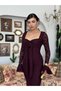 Women's Plum Lace Midi Dress with Heart Collar and Rose Detail, Long Sleeves - 7