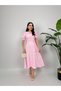 Women's Red - Red Baby Collar Belted Balloon Sleeve Button Detailed Flared Midi Dress - 3