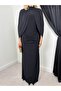 Women's Black Maxi High Neck Cape Detailed Drawstring Long Evening Dress - 3