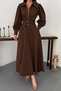 Women's Brown Long Sleeve Shirt Collar Zipper Belted Pocketed Pleated Long Dress - 4