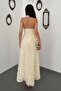 Women's Beige Rose Appliqué Halter Neck V-Neck Lined Long Evening Dress - 5