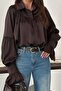 Women's Brown Satin Shirt with Ruffle Detail, Long Balloon Sleeves, Buttoned, Regular Fit - 4