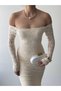 Women's Beige Long Lace Dress Boat Neck Long Sleeve Bodycon Flounce - 3