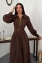 Women's Brown Long Sleeve Shirt Collar Zipper Belted Pocketed Pleated Long Dress - 3