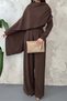Women's Brown Top and Bottom Set with Cape Detail, Long Sleeve Blouse and Wide-Leg Pants Two-Piece Set - 4