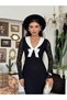 Women's Black Lace Long Dress V-Neck Bow Detail Long Sleeve