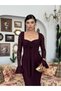 Women's Plum Lace Midi Dress with Heart Collar and Rose Detail, Long Sleeves - 5
