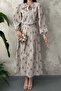 Women's Mink Bottom-Top Set Blouse Skirt Set Striped Floral Patterned Scarf Collar Long Sleeve Pleated - 5