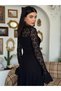 Women's Black Lace Midi Dress High Neck Long Sleeve Evening Dress with Flounce Cuffs - 7