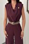 Women's Plum Jumpsuit with Collar, Sleeveless, Belted, Pockets, Wide Legs, Long - 4