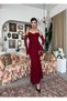 Women's Burgundy Lace Strap Heart Neckline Waist Ruffle Fitted Midi Dress - 6
