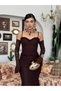 Women's Coffee Color Lace Strap Heart Neckline Waist Ruffle Bodycon Midi Dress