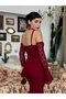 Women's Burgundy Lace Strap Heart Neckline Waist Ruffle Fitted Midi Dress - 5