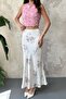 Women's Ecru Satin Floral Patterned Maxi Skirt with Elastic Waist A-Line - 3