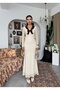 Women's Beige Lace Long Dress V-Neck Bow Detail Long Sleeve - 4