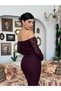 Women's Plum Long Lace Dress Boat Neck Long Sleeve Bodycon Flounce - 7