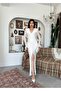 Women's Ecru Lace V-Neck Long Sleeve Spanish Sleeve Slit Midi Dress - 4