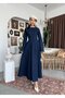 Women's Dark Blue Denim Dress with Belt, Fitted Waist, Long Sleeves, Zipper, Flared - 4