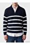Ozmarka New Season Navy Blue Stand Collar Striped Men's Knitwear Sweater - 3