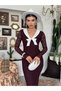 Women's Plum Lace Long Dress V-Neck Bow Detailed Long Sleeve
