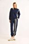 Women's Stripe Embroidered Three-Thread Tracksuit Set Navy Blue - 2