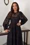 Women's Black Lace Embroidered Round Neck Balloon Sleeve Lined Maxi Dress - 3