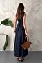 Women's Blue Sleeveless Square Neck Ornament Buttoned Lace-Up Denim Maxi Dress - 5