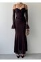 Women's Coffee Color Lace Strap Heart Neckline Waist Ruffle Bodycon Midi Dress - 2