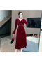 Women's Red V-neck Midi Dress - 5