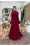 Women's Burgundy Lace Midi Dress High Neck Long Sleeve Evening Dress with Flounce Cuffs - 6