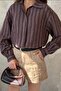 Women's Brown Striped Shirt Collar Long Sleeve Buttoned Woven Comfortable Fit - 4
