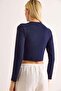 Women's Ribbon Long Sleeve Crop Blouse Navy Blue - 5