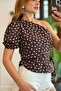 Women's One-Shoulder Polka Dot Blouse Brown - 3