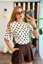 Women's Crew Neck Lycra Polka Dot Patterned Short Sleeve Blouse Brown