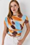Women's Draped Digital Print Colorful Tshirt Blue - 3