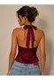 Women's Halter Neck Satin Crop Blouse with Elastic Back in Burgundy - 2