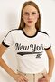 Crew Neck Stripe Detailed Women's Crop Tshirt White - 3