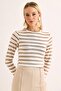 Women's Stripe Patterned Crop Blouse Beige - 2