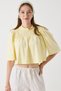 Women's Crew Neck Cropped Short Sleeve Blouse with Piping on the Chest, Yellow