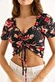 Patterned Princess Sleeve Front Gathered Blouse Black - 5