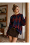 Daphne Argyle Patterned Oversize Knitwear Sweater Women's Burgundy - Navy Blue - 2